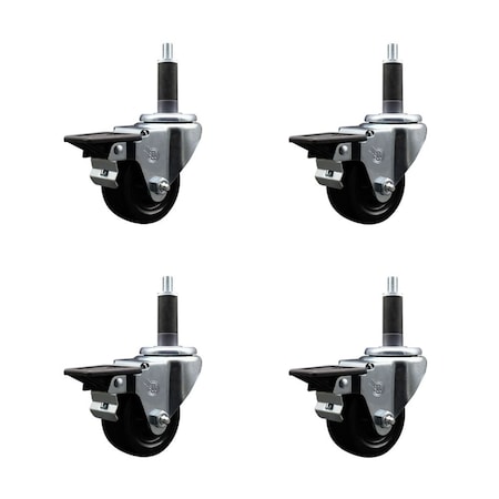 Service Caster 3'' Hard Rubber Swivel 1'' Expanding Stem Caster Set with Brake, 4PK SCC-EX20S314-HRS-PLB-1-4